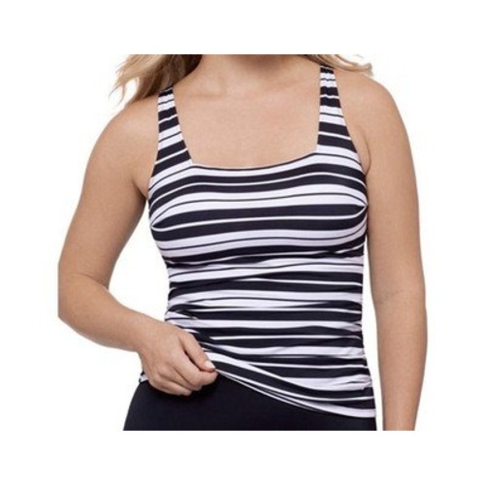 NWT Swim Solutions Tankini Top Women 14 Black White Striped Square Neck Ruched